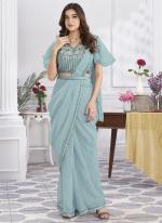 Shimmer Georgette Blue Party Wear Embroidery Work Ready To Wear Saree